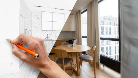 Stylish kitchen interior with modern furniture. Combination of photo and sketchの写真素材