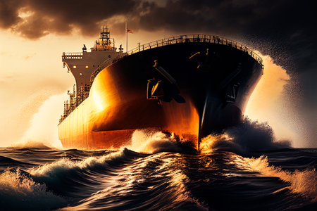 Use light and shadow to create a striking image of an oil tanker, highlighting the scale and power of the vessel Generative AIの素材