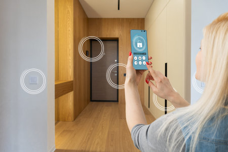 smart house, home automation, device with app icons. woman uses his smartphone with smarthome...