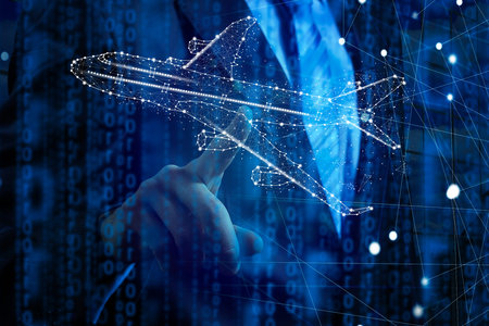 Jet Engine Augmented Reality Hologramm. Specialists Work in Technological Plane Development...