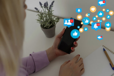 woman use smartphone online to social network, touchscreen device connecting to global cyber net, digital link to data information, internet of things online, hacker privacy, ai crypto currency.の写真素材