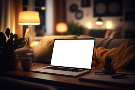 Laptop on a desktop with blank screen mockup and living room interior in the background Generative AIの素材