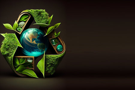 Recycling. Eco recycling green symbol. Recycling sign on the background of the globe Generative AIの素材