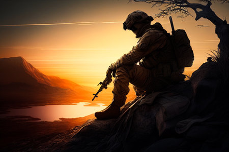 Soldier sitting relaxed on the top mountain. Generative AIの素材
