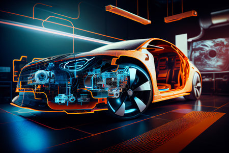 Group of Automobile Design Engineers Working in Virtual Reality 3D Model Prototype of Electric Car Chassis. Automotive Innovation Facility: 3D Concept Vehicle Generative AIの素材