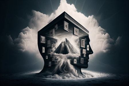 Psychology as open mind therapy to solve emotional inner mess tiny person concept. Symbolic head research scene as specialist session visit for anxiety and Generative AIの素材