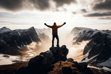 Magical Fantasy Adventure Composite of Man Hiking on top of a rocky mountain peak. Background Landscape from British Columbia, Canada. Sunset or Sunrise Colorful Sky Generative AIの素材