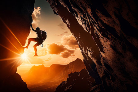 A silhouette of man climbing on rock, mountain at sunset. Adrenaline, strenght, ambition Generative AIの素材