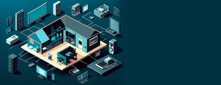 Smart city or intelligent building isometric concept. Smart home control concept. Concept home with technology system. 3d isometric illustration. Generative AIの素材