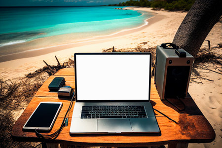 Modern laptop with empty white screen mock-up on the wooden table with retro film camera near; elegant netbook with empty screen template on table of cozy Generative AIの素材
