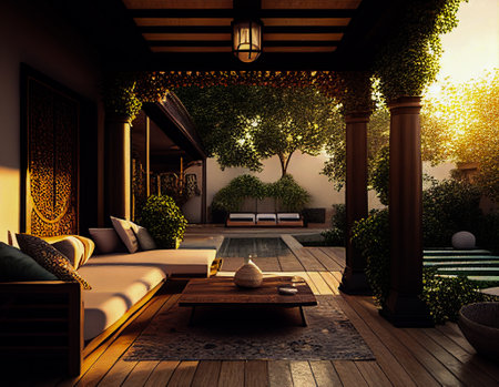 Interior design of a lavish side outside garden at morning, with a teak hardwood deck and a black pergola. Scene in the evening with couches and lounge chairs by the pool Generative AIの素材