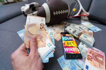 Online sports betting. Dollars are falling on the background of a hand with a smartphone and a soccer ball. Creative background, gamblingの写真素材