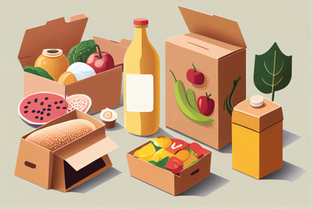 An illustration of various food packaging, from traditional delivery boxes to eco-friendly containers, highlighting the sustainability efforts of the food delivery service Generative AIの素材