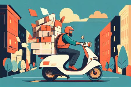 An illustration of a delivery man navigating busy city streets on a scooter, with a GPS device in hand and a stack of packages on the back, Generative AIの素材