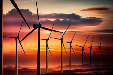 A view of a wind farm, with several turbines arranged in a row against a beautiful sunset sky Generative AIの素材