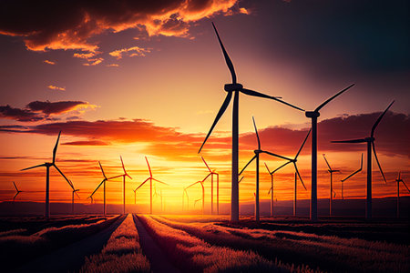 A view of a wind farm, with several turbines arranged in a row against a beautiful sunset sky Generative AIの素材