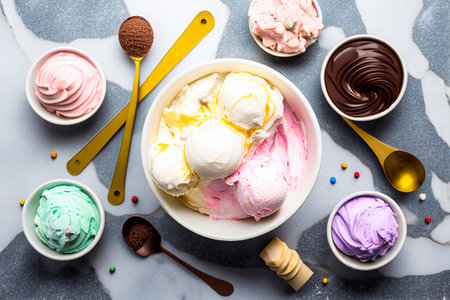 Set of watercolor various ice-cream scoops with assorted balls of vanilla, citrus, strawberry, mint, chocolate. With Spoon for ice cream. Isolated illustrationの素材