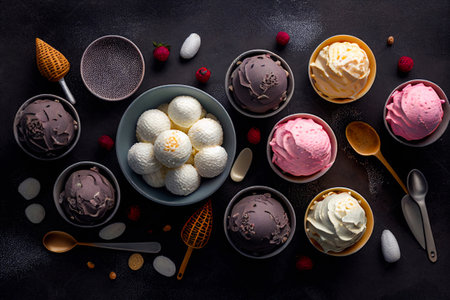 Set of Ice cream scoops with different toppings and flavors. Vanilla with chocolate syrup, creme brulee with caramel, mint with chocolate chips, strawberry, cherry, orangeの素材