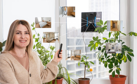 smart home application on robot vacuum cleaning washing glass windowの写真素材