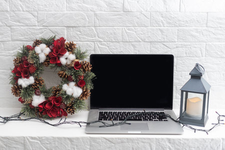 christmas wreath and laptop, Christmas decorの写真素材