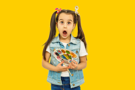 funny child girl on colored yellow backgroundの写真素材