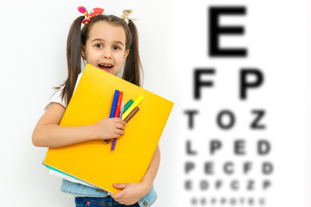 Child at eye sight test. Little kid selecting glasses at optician store. Eyesight measurement for school kids. Eye wear for children. Doctor performing eye check. Girl with spectacles at letter chart.の写真素材