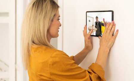 Security camera system on tablet app - Delivery man holding package in front of door cam - AI Cctv smart technology lifestyle conceptの写真素材