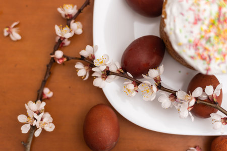 Easter composition. A blooming apricot branch, painted eggs and a glazed Easter cake decorated with sugar sprinklesの写真素材