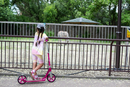 little girl on a scooter at the zoo.の写真素材
