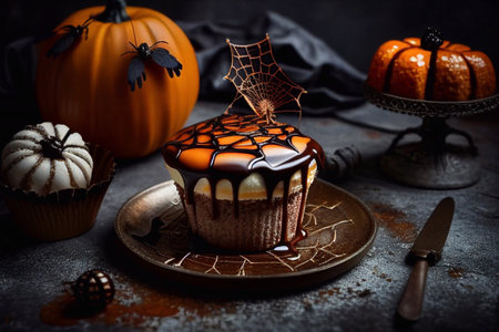 Halloween cupcake, Moon background, illustration.の素材