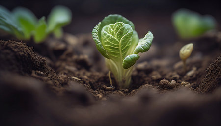 Strength and power of nature. A crack in the ground and a young sprout. Green grass, the plant grows through dry desert soil. Fragment of an oasis. Environment. illustrationの素材