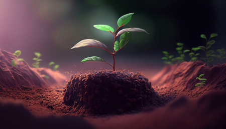 Strength and power of nature. A crack in the ground and a young sprout. Green grass, the plant grows through dry desert soil. Fragment of an oasis. Environment. illustrationの素材