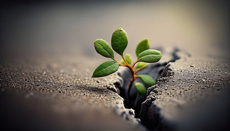 Strength and power of nature. A crack in the ground and a young sprout. Green grass, the plant grows through dry desert soil. Fragment of an oasis. Environment. illustrationの素材
