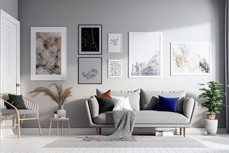 Furniture. Interior. Living room with sofa, table, pictures, window.の素材