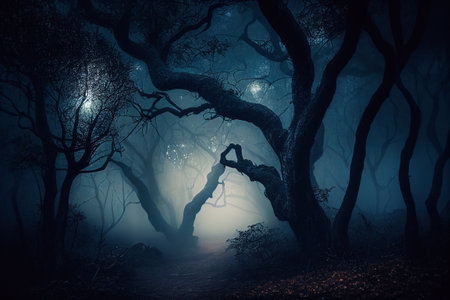 Realistic halloween background with creepy landscape of night sky fantasy forest in moonlight illustrationの素材