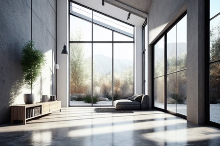 living room interior with big window, sofa, pictures and houseplantsの素材