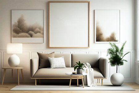 Furniture. Interior. Living room with sofa, table, pictures, window.の素材