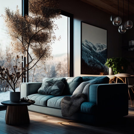 living room interior with big , sofa, pictures and houseplantsの素材
