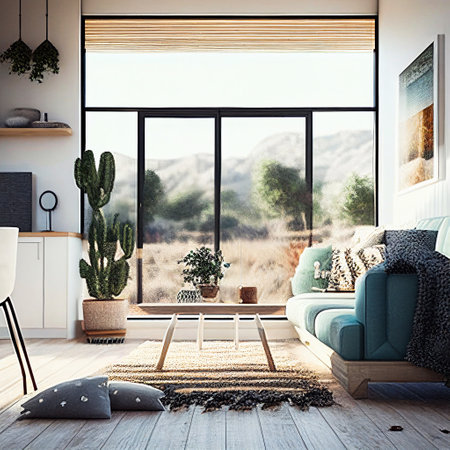 living room interior with big , sofa, pictures and houseplantsの素材