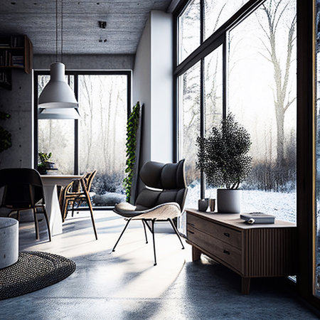 Furniture. Interior. Living room with sofa, table, pictures, window.の素材