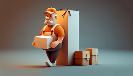 delivery man in uniform holding a package box - illustration.の素材