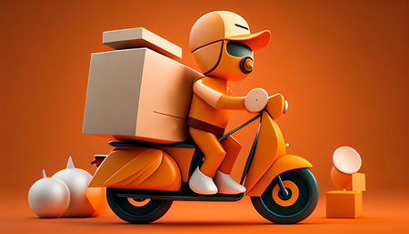 Delivery man riding a scooter illustration. Food delivery manの素材