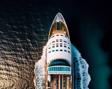 top view on a large cruise liner on a background of blue water. image.の素材