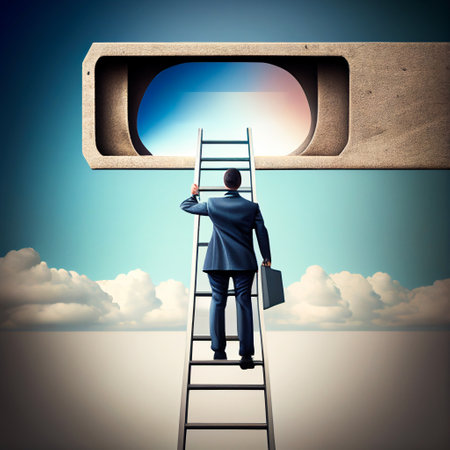 Stairs to goal. Businessman in suit rises up stairs to top of target. Business concept. illustration flat design. Isolated on background. Achieving goal. Ladder wall. Strategy to aimの素材