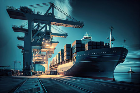 Delivery service concept. Container cargo ship loading, truck loader, warehouse. illustration.の素材