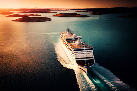 Cruise ship in sea with mountains at sunset.の素材