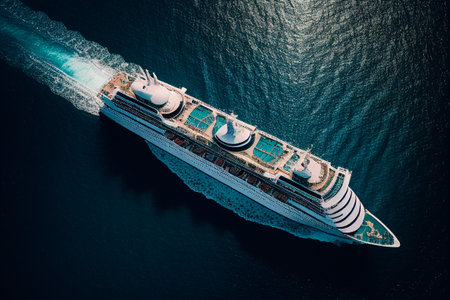 top view on a large cruise liner on a background of blue water. image.の素材