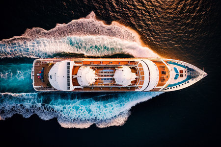 realistic illustration of big white cruise ship at ocean or sea, perspective viewの素材