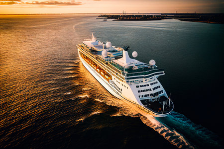 realistic illustration of big white cruise ship at ocean or sea, perspective viewの素材
