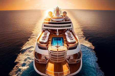 realistic illustration of big white cruise ship at ocean or sea, perspective viewの素材